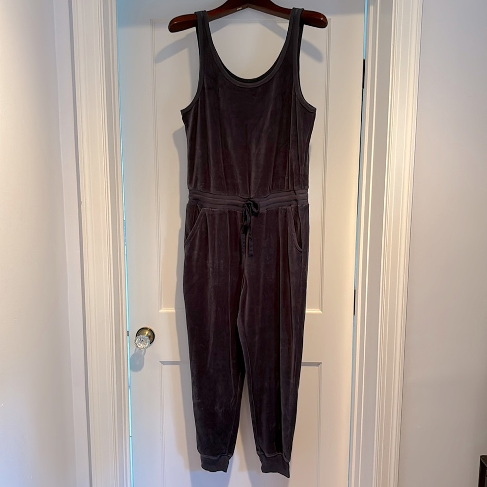 Aerie dark charcoal gray scoop neck velour jumpsuit w/ drawstring waist